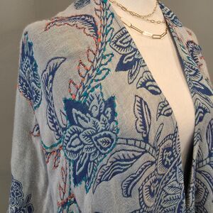 Chico's Shawl Waterfall Cardigan. OS. Blue Paisley Floral Cottage Fairy Boho